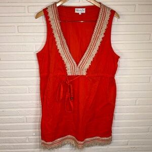 Mudpie Red Embroidered Cotton V-Neck Tunic Top, Women’s Size Large